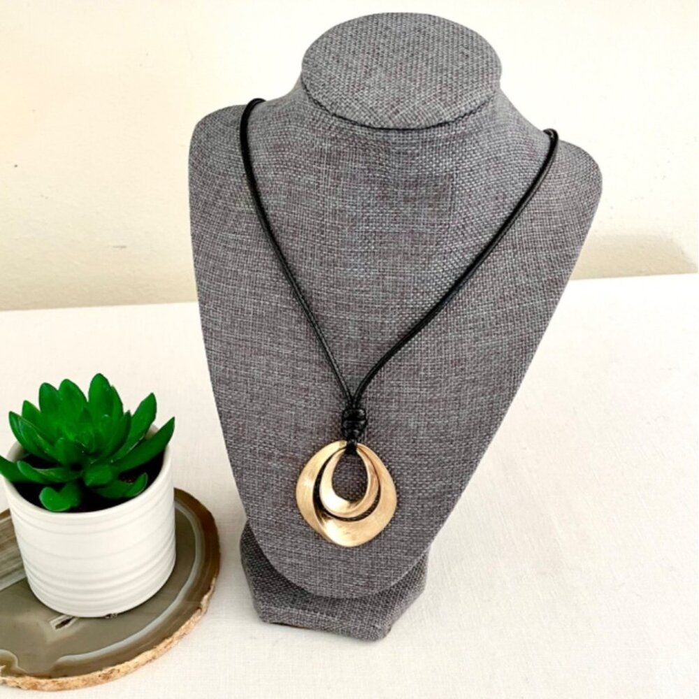 Brushed Gold Bohemian Double Ring Necklace 14K Gold Plated Black Rope Boho Goth